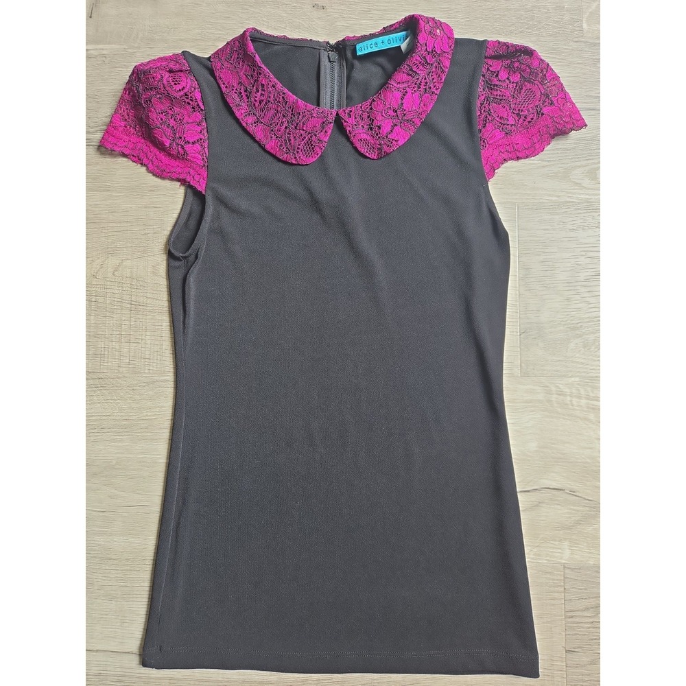 Alice + Olivia Luiza Lace Peter Pan Collar Cap Sleeve Top Black Purple Size S/P